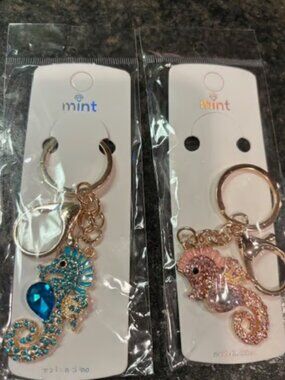 Mint set of 2 seahorse keychains- bling crystal
